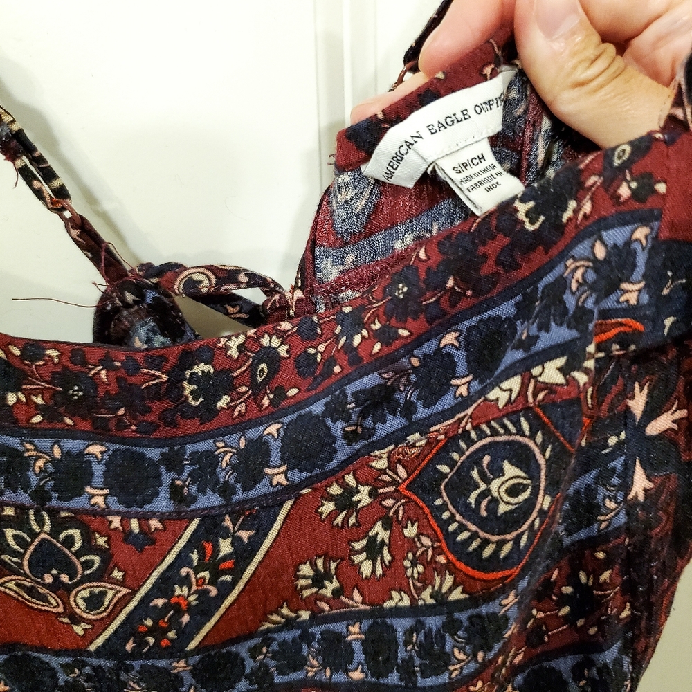 AEO Burgundy Boho Print Lace Up Back Romper - Picture 2 of 7